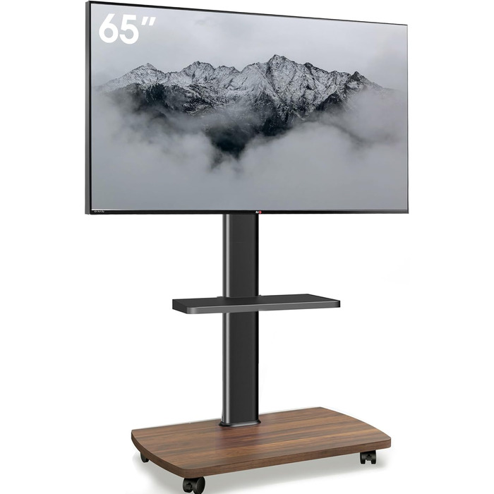 AOKCOS Rolling TV Stand with Wood Shelf - Adjustable Height & Swivel - VESA 400x400 - Holds 32-65 Inch TVs up to 40kg