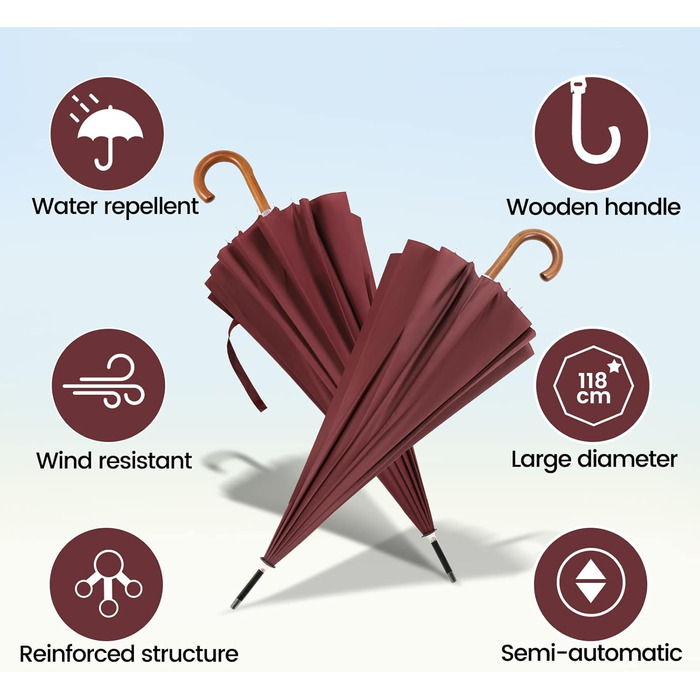 NINEMAX Large Windproof Umbrella - Wooden Handle Walking Umbrella for Men & Women - 16 Ribs Automatic Open - Burgundy