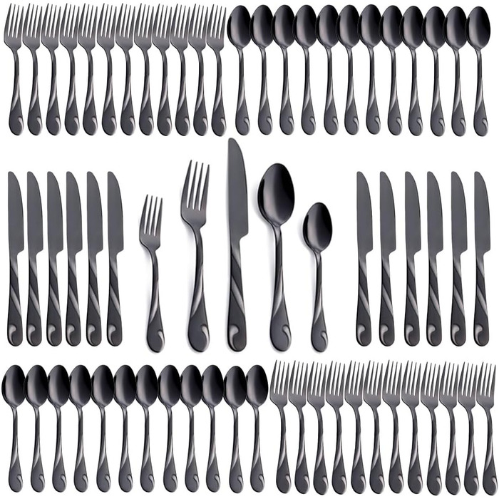 Чорний набір столових приборів на 12 осіб (60 предметів), нержавіюча сталь, блискучий, комплект виделок, ножів та ложок, придатний для миття в посудомийній машині