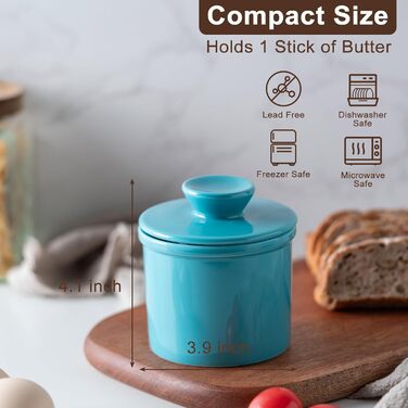 Butter dish with waterline for counter, French butter crock with lid, ceramic butter container for fresh spreadable butter, turquoise