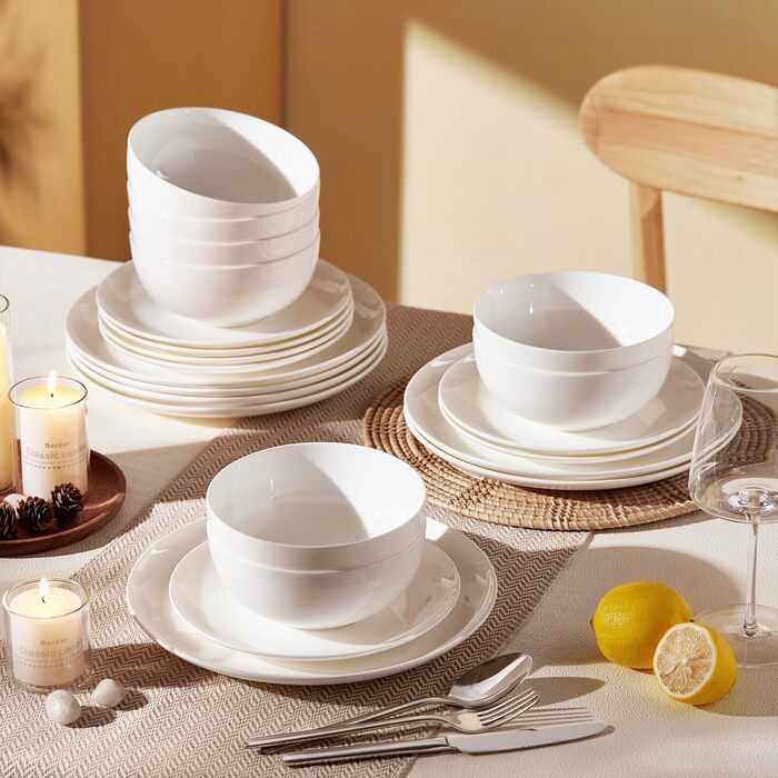 Сервіз HIKAA на 6 осіб, 18 предметів, з кісткового фарфору, набір тарілок, безпечний для мікрохвильової печі та посудомийної машини, для дому, весіль, легкий та довговічний (білий)
