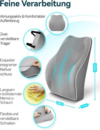 Подушка для спини Travel Ease з Memory Foam для офісного крісла, сірого кольору