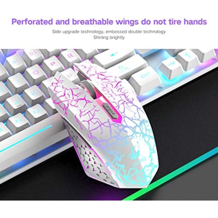 Бездротова клавіатура з підсвічуванням RGB, 2.4G, механічна, 104 клавіші, ігрова + миша 2400 DPI, 6 кнопок, оптична LED, килимок для миші (білий)