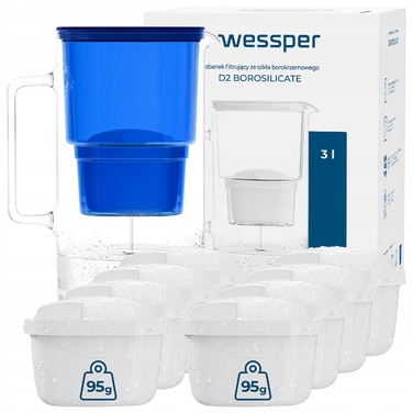 Скляний фільтр-кувшин Wessper D2 BOROSILICATE 3л, синій + 9 фільтрів