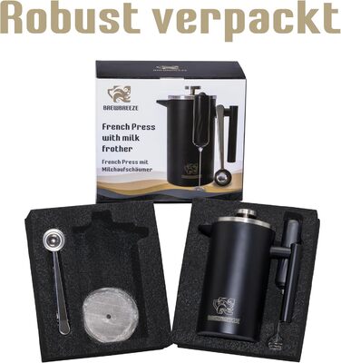 Набір для приготування кави френч-прес, термоізольований, з пітчером для спінювання молока, нержавіюча сталь (чорний, 1 літр)