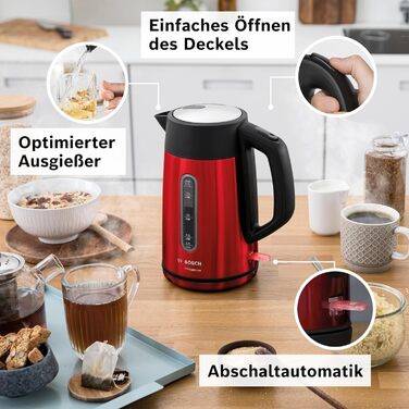 Електричний чайник Bosch DesignLine TWK4P434, 1.7 л, червоний: без розбризкування, індикатор рівня води, захист від перегріву