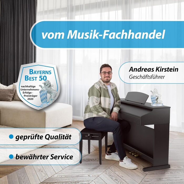 Цифрове піаніно Cantabile DP-50 SM E з 88 клавішами та молоточковим механізмом, 14 голосів, USB, 3 педалі, роз'єми для навушників, підставка для нот - в комплекті банкетка, навушники, навчальний курс - чорний матовий