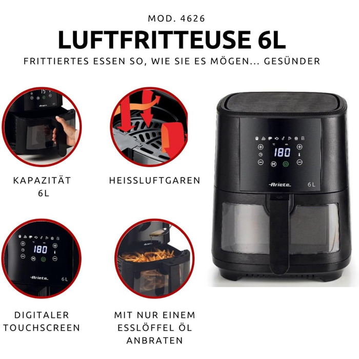 Фритюрниця аерофрі Ariete 4633 4L, 1400 Вт, 9 програм, чорна