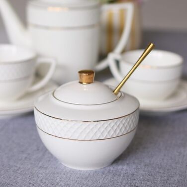 Wilmax Sugar Bowl + Milk Jug Set - 2-Piece - Porcelain Milk & Sugar Containers with Gold Pattern - White - Sugar Dispenser with Lid - Coffee Service for Milk Coffee Tea