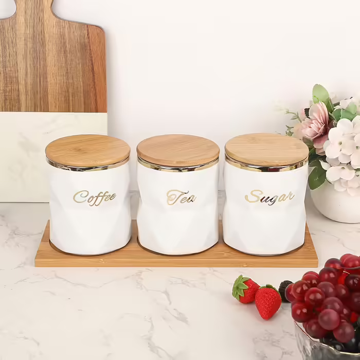BTSKY White Ceramic Canisters for Sugar, Coffee, Tea, with Lid and Tray, Airtight, Set of 3 Storage Containers, Food Storage Containers, Pots, Jars with Bamboo Lids for Kitchen Counter
