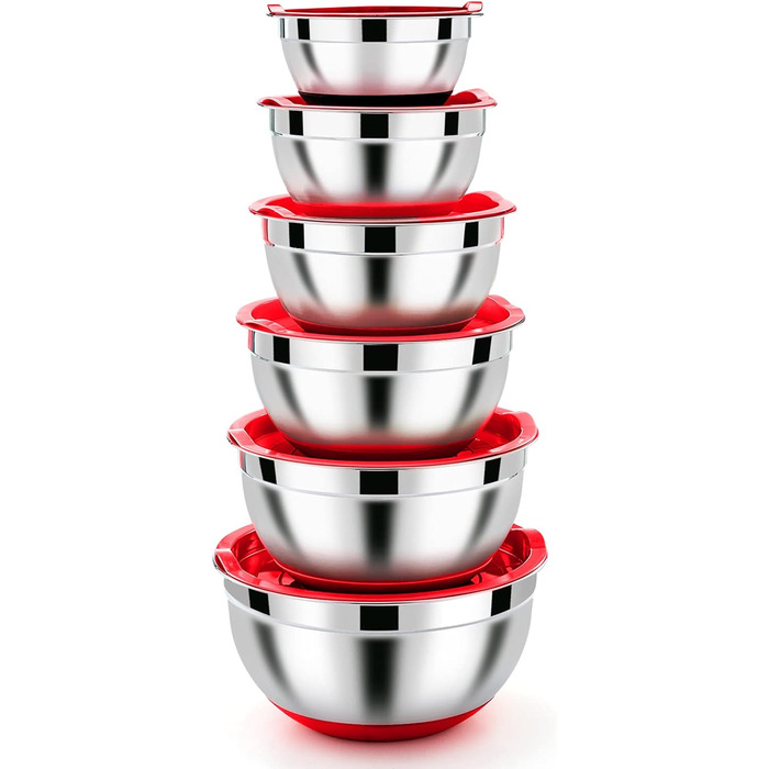 Homikit Mixing Bowls, 6-Piece Stainless Steel Bowl Salad Bowl Set with Airtight Lid & Silicone Bottom, Nesting, Dishwasher Safe, 4.6 L / 2.8 L / 2.5 L / 1.6 L / 1.2 L / 0.7 L, Red
