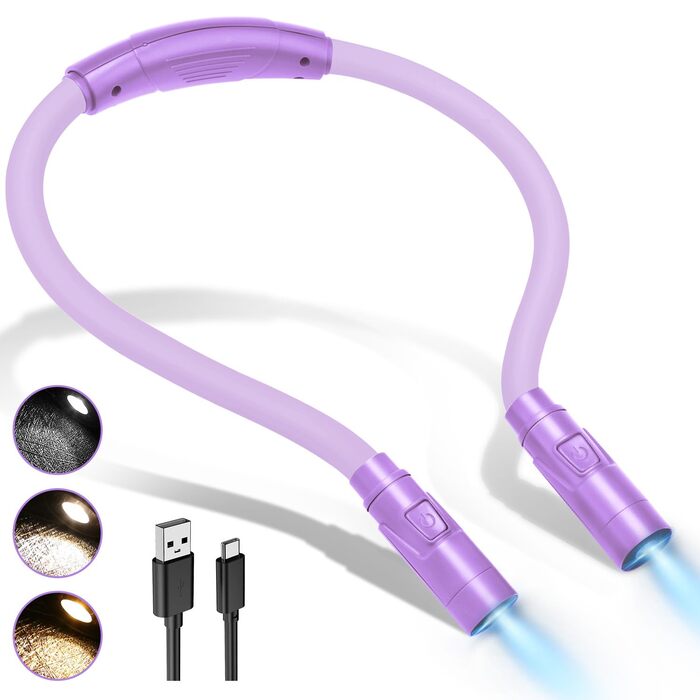 Ліхтар на шию LUXJET LED для читання, в'язання, ремонту: акумуляторний, 3 кольори, регульована яскравість (світло-ліловий)