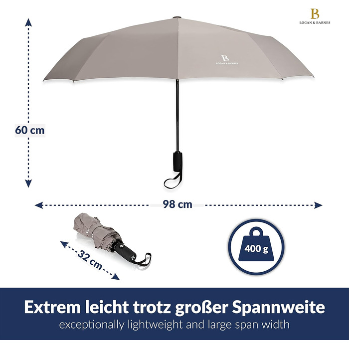 Вітростійкий парасолька LOGAN & BARNES Boston (сірий) - парасолька-тростина з тефлоновою просоченням, витримує вітер до 140 км/год