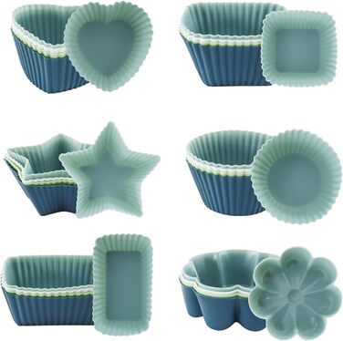 24 Силіконові Формочки для Маффінів, 6 Типів, Багаторазові, Антипригарні, для Випікання, Сумісно з Посудомийною Машиною (4 кольори)