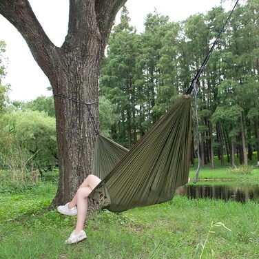 AnorTrek Camping Hammock, super-light portable parachute hammock with two tree straps, single or double nylon tree hammock, Blue & Dark Blue (Army Green & Khaki, 300 x 200 cm)