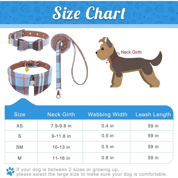 Набір аксесуарів для собак ExPawlorer: ошийник та поводок з бантиком у клітинку, регульований, з дзвіночком, 3 шт. (Himmelblau, X-Small)
