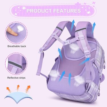 Рюкзак KEBEIXUAN для дівчаток, шкільна сумка 1-5 клас, дихаючий рюкзак з помпоном, фіолетовий + ланч-бокс + пенал