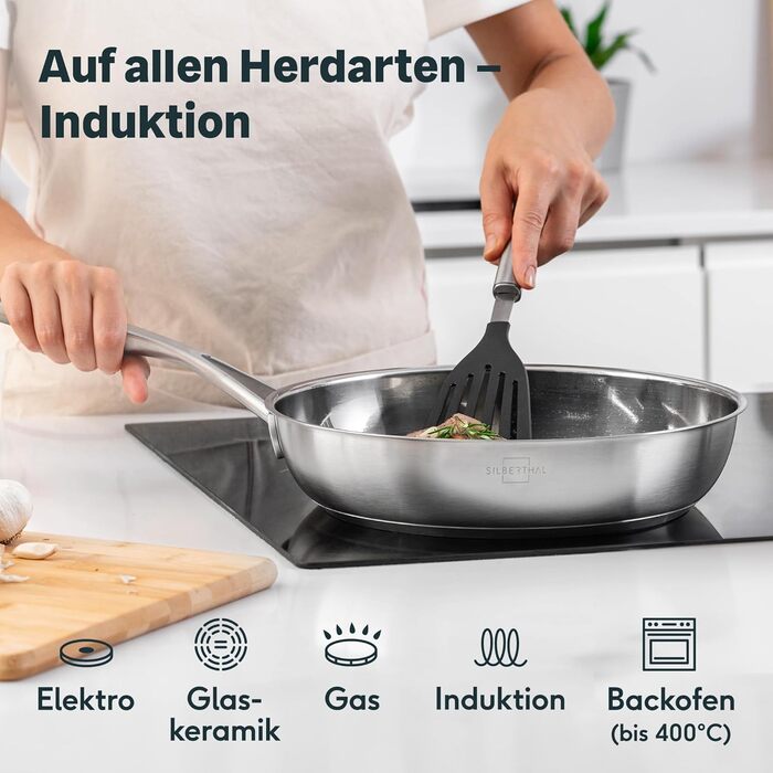 SILBERTHAL 3-Piece Stainless Steel Fry Pan Set - 20, 24, & 28cm - Induction Compatible, Non-Stick, Oven Safe up to 250°F