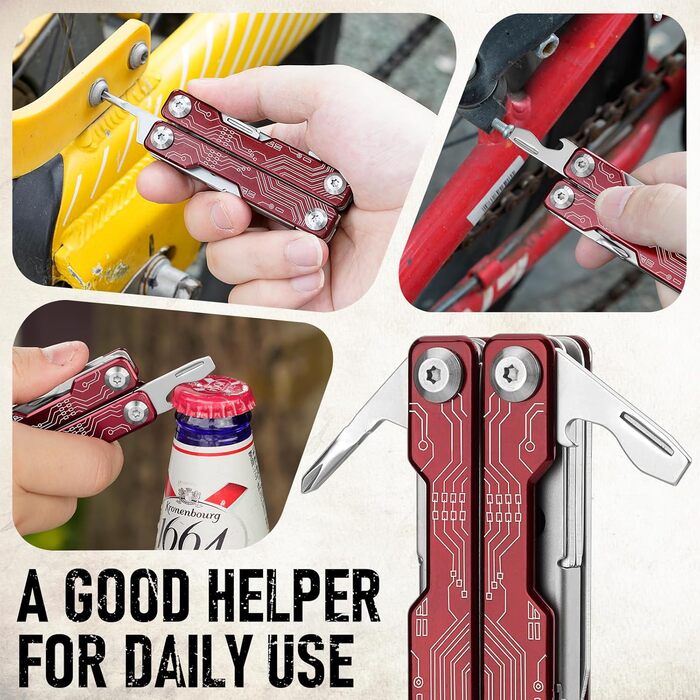 Мультитул BIBURY 10-в-1 з прихованими пінцетами, рубіжником, відсікачем ременя - для кемпінгу, риболовлі, активного відпочинку. Ідеальний подарунок для жінок та чоловіків (Червоний)