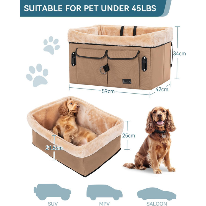 Автокрісло для собак Petsfit - середній розмір, бежеве, з ременями та кишенею