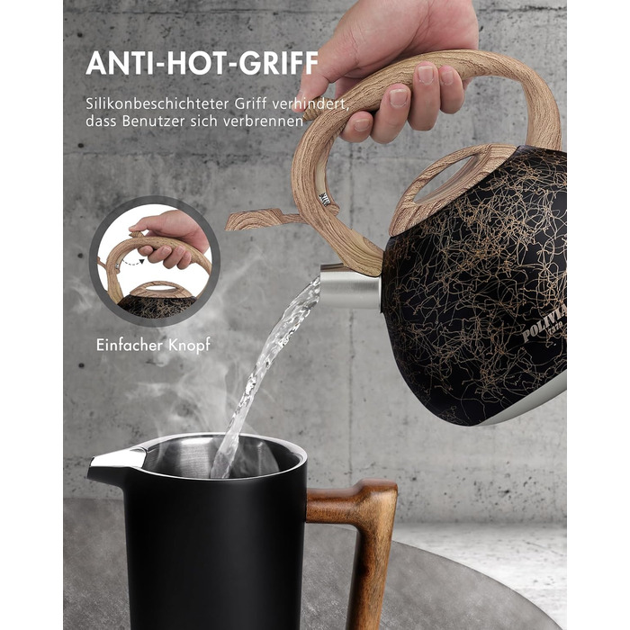 Електричний чайник Poliviar Moderne Induktion, 2.7L, нержавіюча сталь, чорне золото