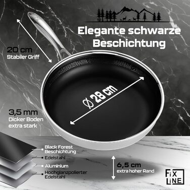 FIXLINE Black Forest Non-Stick Fry Pan - 28cm - RED Design - PTFE-Free - Compatible with All Cooktops (including Induction) - Oven Safe up to 250°C - Easy Cleaning - Ideal Gift