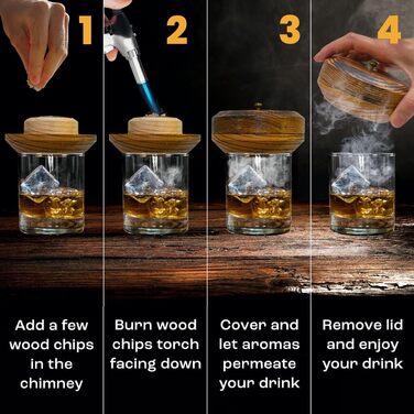 Набір для копчення коктейлів з факелом та 4 смаками дерев'яної стружки, Bourbon - Набір для копчення віскі, коктейлів Old Fashioned, подарунок для чоловіка, друга, чоловіка та тата (без бутану)