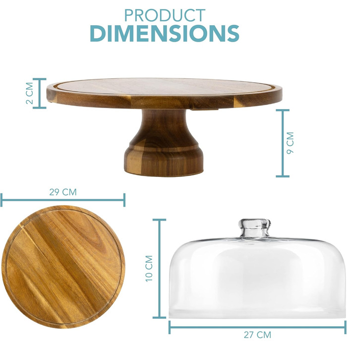 Підставка для тортів HEFTMAN 25,4 см з куполоподібним кришкою – 2-в-1 антиковзаюча підставка з акації з прозорою кришкою з акрилу для тортів, випічки, сирних дощок – ідеально для дня народження, весілля, святкування
