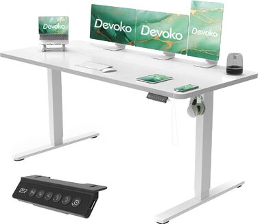 Електричний регульований стіл Devoko 160x70 см з USB, білий – письмовий стіл для офісу, комп'ютерний стіл стоячи-сидячи
