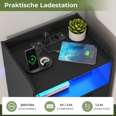Комплект з 2 чорних приліжкових тумб BRINLAWB з LED-підсвіткою та зарядкою, 2 шухляди, для спальні та вітальні