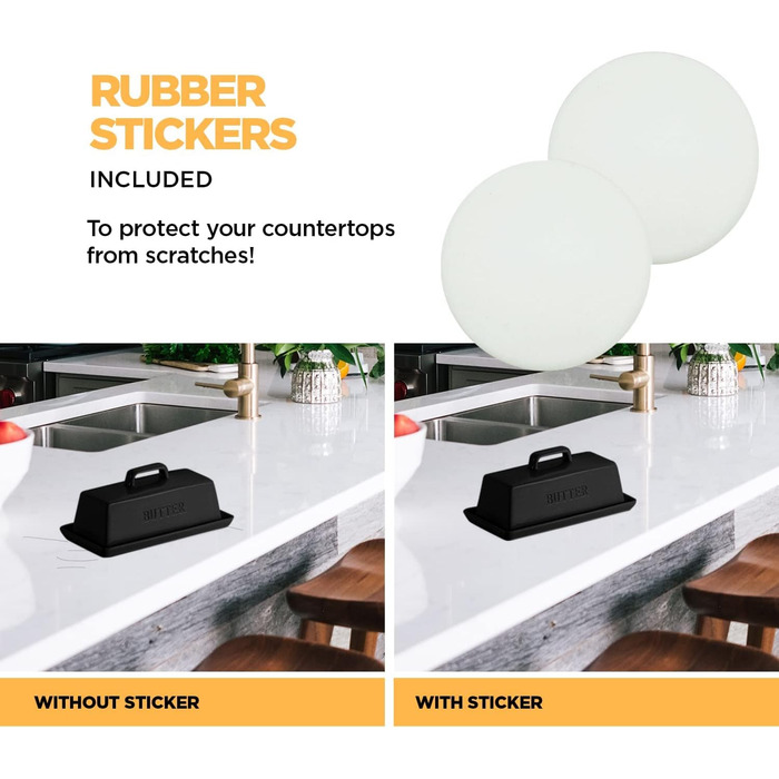 Ceramic Butter Dish Set with Lid and Knife – Black – Decorative Butter Crock Holder for 1 Butter – Microwave Safe, Dishwasher Safe – Includes Scratch-Free Stickers