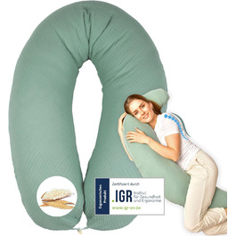 Подушка для вагітних sei Design XXL 190x30 см з мікроперлинами, для годування, ортопедична, для сну на боці, з бавовняним мусліновим чохлом, натуральна