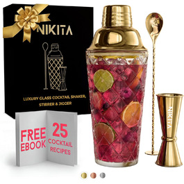 Набір шейкерів для коктейлів Gold - 5 шт., 450 мл, з ситом, мірний стаканчик та ложка для змішування, подарункова коробка