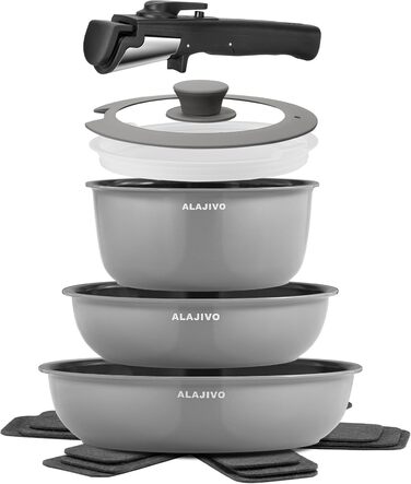 Набір посуду 9-ти частинний з знімним ручками, антипригарне покриття, керамічна сковорода, набір каструль з кришками, для всіх типів плит, безпечний у духовці (сірий)