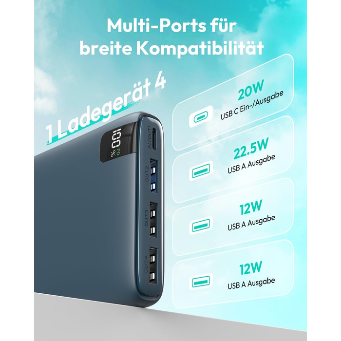 Power Bank ADDTOP 20000mAh 22.5W Blue – портативний зарядний пристрій з USB-C, LED-дисплеєм, швидка зарядка для iPhone 17/16/15/14/13/12/11, Samsung Galaxy та інших телефонів