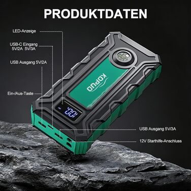 Пусковий пристрій (бустер) 7000A з компресором для автомобілів 12В, Powerbank для авто (Блакитно-зелений)