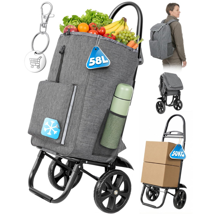 Складаний візок для покупок Homecall 50L з охолодженням, 3-в-1: візок, сумка-тележка, рюкзак (темно-сірий)