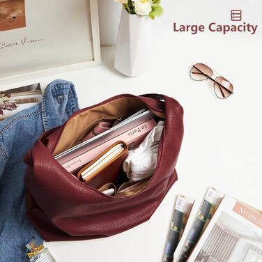 Сумка жіноча KALIDI Shopper з PU шкіри, велика, вінтажна Hobo сумка через плече, бордового кольору для роботи, навчання, повсякденного використання