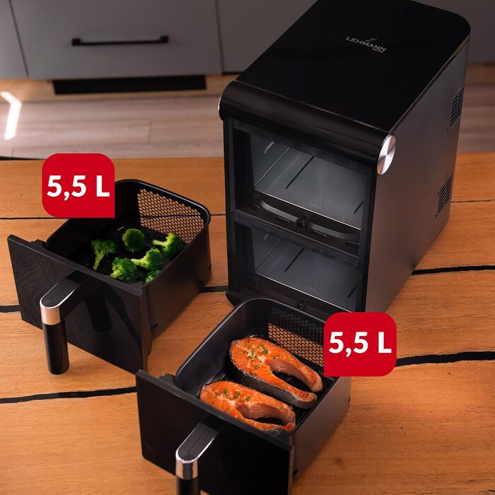 Фритюрниця без олії LEHMANN з 2 камерами, 2400 Вт, AirFryer XXL з 12 програмами, до 200°C, WiFi, 11л – для смаження, випікання, сушіння, грилю