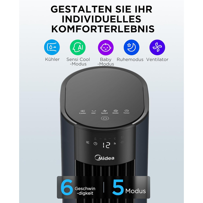 Мобільний охолоджувач повітря Midea Sensicool з 7л резервуаром для води | Без шлангів | 2000 м³/год, 6 швидкостей, сенсорне керування (Блакитний)