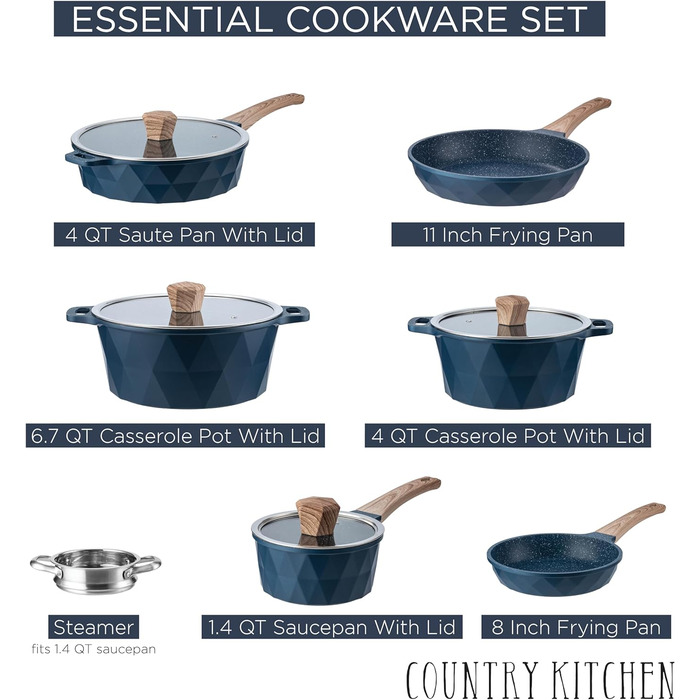 Набір посуду індукційного Country Kitchen 13 предметів, антипригарне покриття, алюміній, бакелітові ручки, скляні кришки, темно-синій (Navy Diamond)
