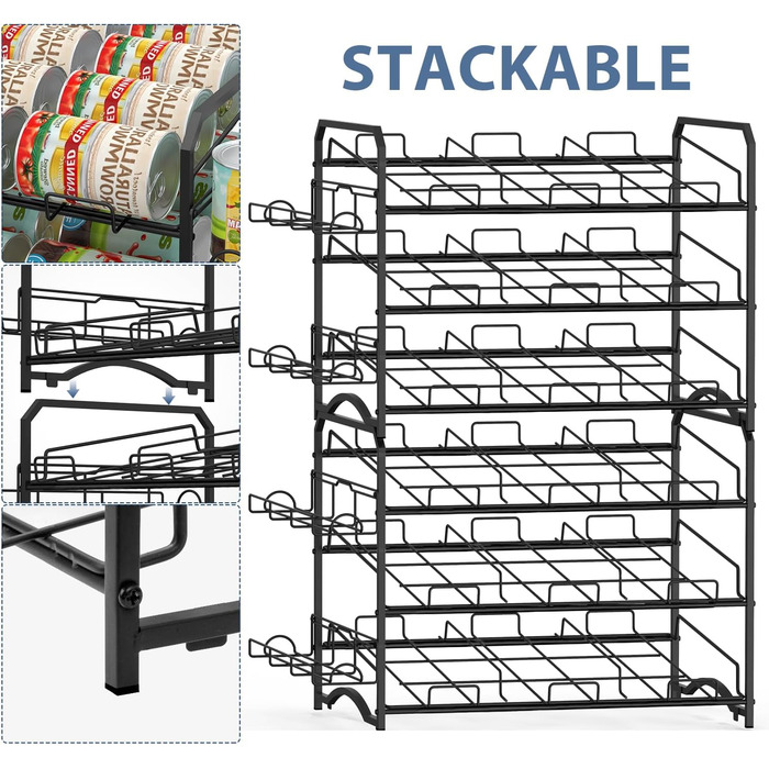 Bomclap Stackable Can Organizer, Can Rack Organizer for Kitchen Cabinets Storage or Countertops, 3-Tier Can Dispenser with Side Shelves, Storage for 42 Cans, Black
