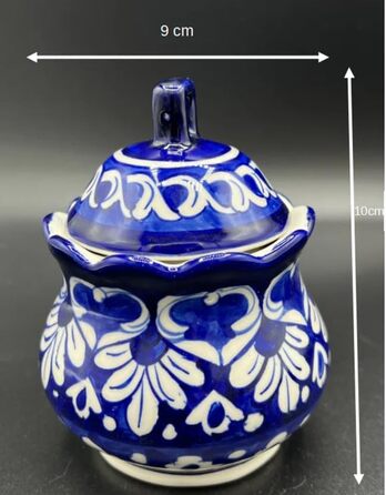 Blue Pottery Sugar Bowl – Hand-formed and painted, ceramic, handcrafted, floral pattern, 6 cm