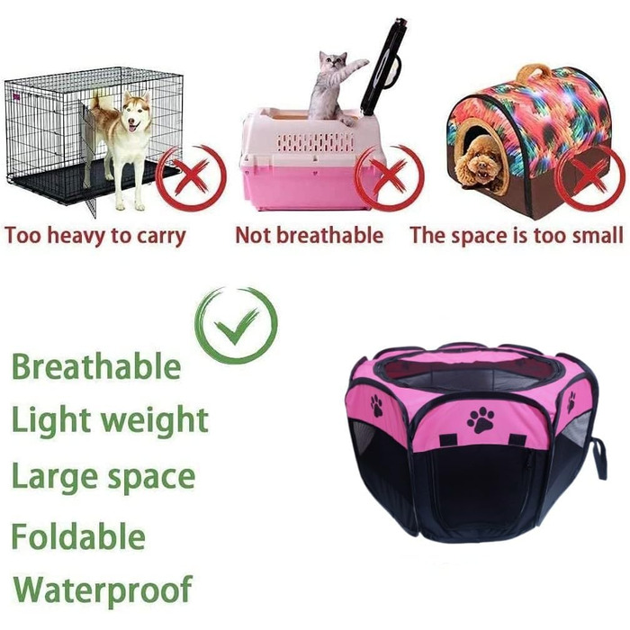 Портативний вольєр для тварин, складаний вольєр для собак та котів, кроликів, тренувальний намет для домашніх тварин, для використання в приміщенні та на вулиці (S (72,9 x 72,9 x 40,6 см), Рожевий)