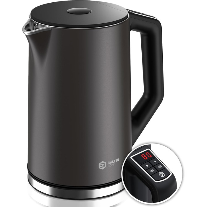 Balter Stainless Steel Electric Kettle with Temperature Control - 40°C to 100°C, Double Wall, BPA Free, 1.7L, 2200W, Quiet Kettle - Dark Grey