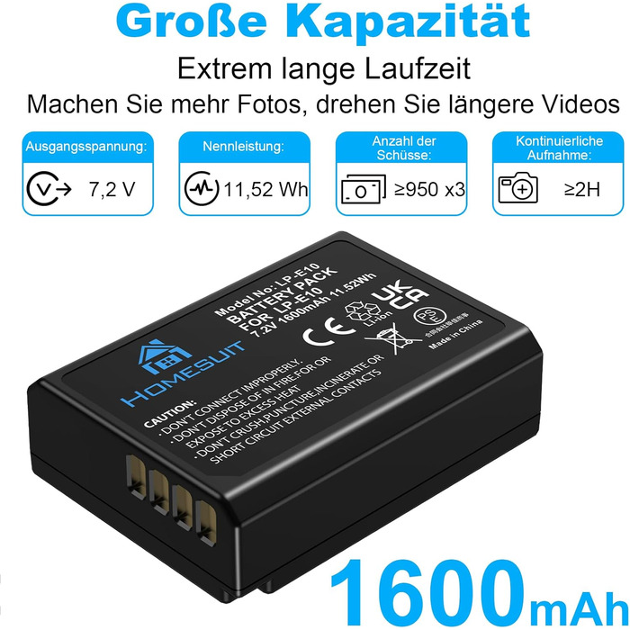 Акумулятор LP-E10 1600mAh Homesuit + LED зарядний пристрій для Canon EOS 1100D, 1200D, 1300D, 2000D, Rebel T3, T5, T6, T7, Kiss X50, Kiss X70 (2 шт. акумулятори + 1 зарядний пристрій)
