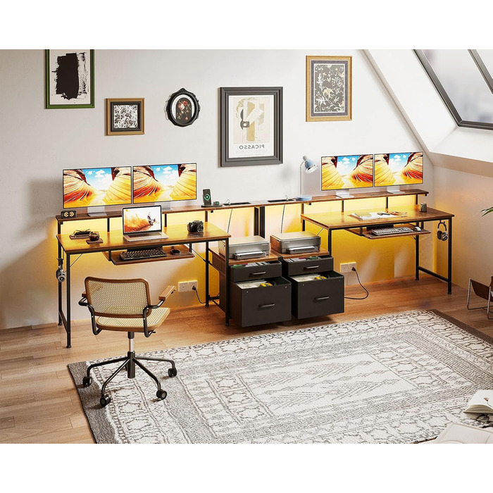 Ігровий стіл Coleshome з LED підсвічуванням, стіл для комп'ютера з ящиками з тканини, 2 розетки та 2 USB-порти, стіл для дому та офісу з підставкою для монітора (140x48 см, коричневий)