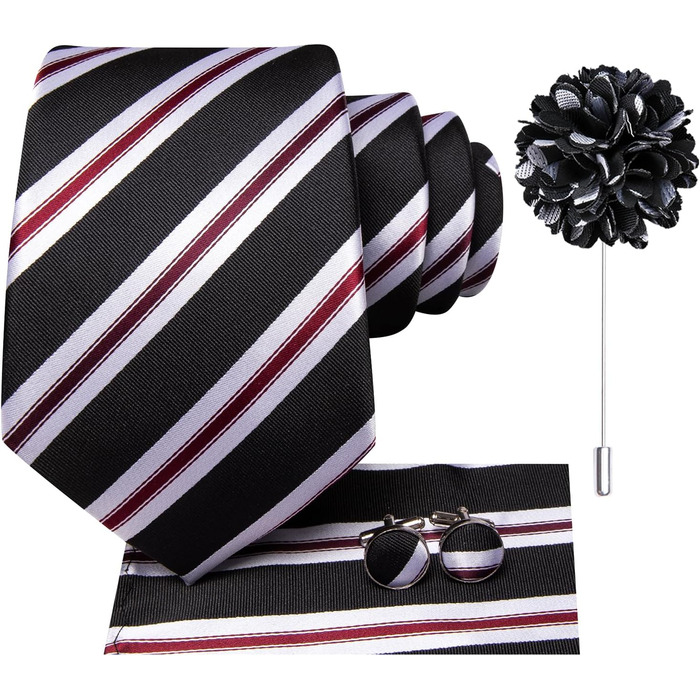 Набір краваток для чоловіків Hi-Tie: краватка, нагрудна хустинка, затискач, запонки, формальний шовк (чорний, білий, червоний, в смужку)