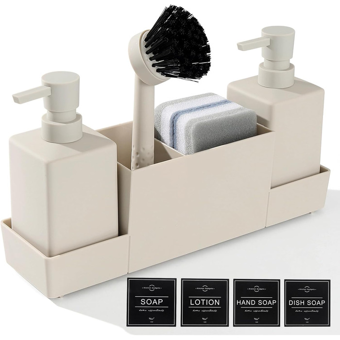 Dish Soap and Hand Soap Dispenser Kitchen Set with Sponge Holder and Brush, Dish Soap Dispenser Kitchen Black, Soap and Dish Soap Dispenser Set Kitchen Gadget Sink Organizer with Soap Dispenser (Beige, 4 in 1)