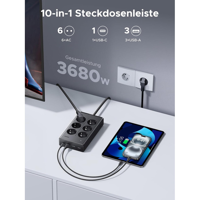 Мережевий фільтр UGREEN 10-в-1 з USB, подовжувач з 20W швидкою зарядкою USB-C, захист від перенапруги, 3680 Вт, кабель 1.5 м, для офісу та дому